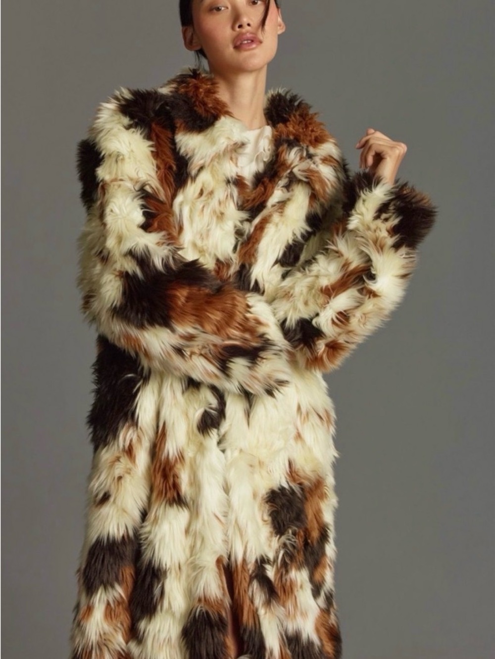 Anthropologie Faux Fur Long Shaggy Coat in White, Brown & Black Medium/Large